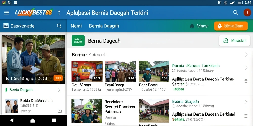Tampilan antarmuka aplikasi LUCKYBEST88 dengan fitur berita daerah.