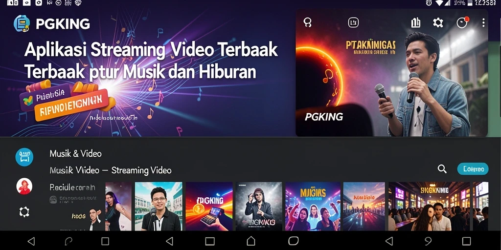 Antarmuka PGKING dengan berbagai opsi streaming video musik.